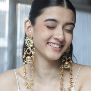 Gold-Plated Kundan Long Drop Earrings with Pearls