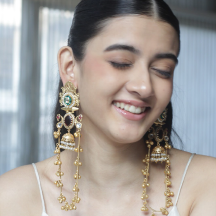 Gold-Plated Kundan Long Drop Earrings with Pearls