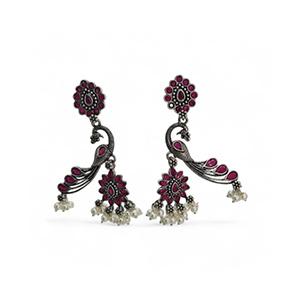 Antique Peacock Design Oxidised Silver Earrings