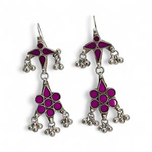Pink Enamel Floral Dangle Earrings