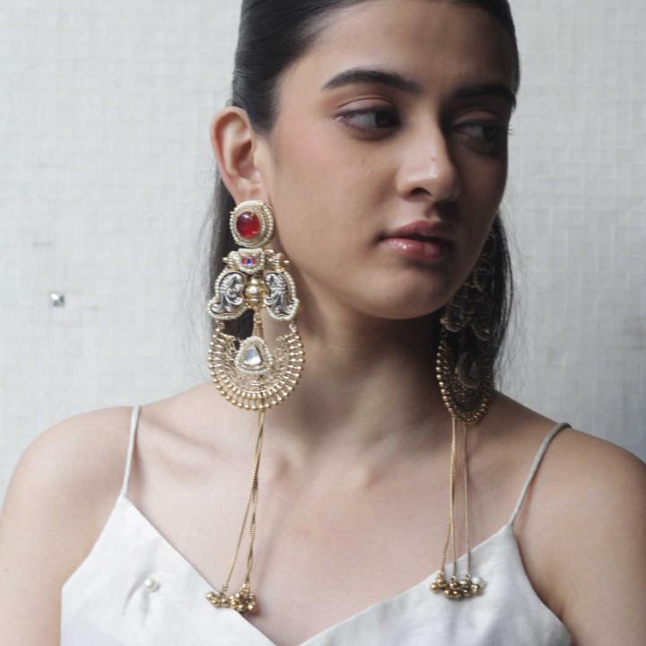 Gold-Plated Kundan Long Drop Earrings