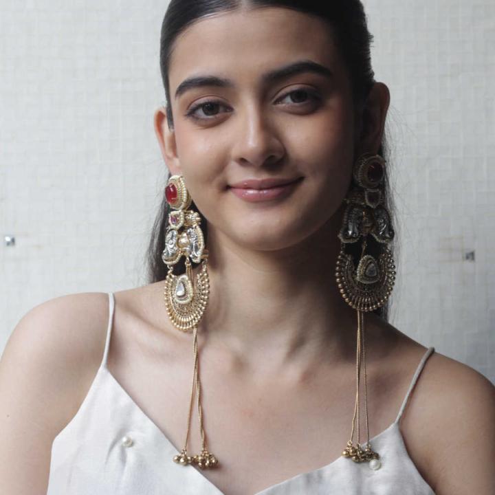 Gold-Plated Kundan Long Drop Earrings
