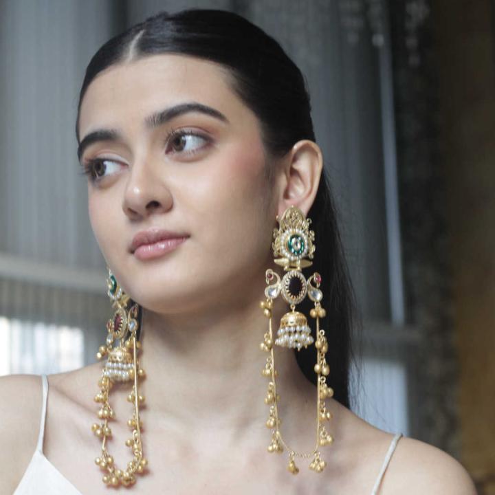 Gold-Plated Kundan Long Drop Earrings with Pearls