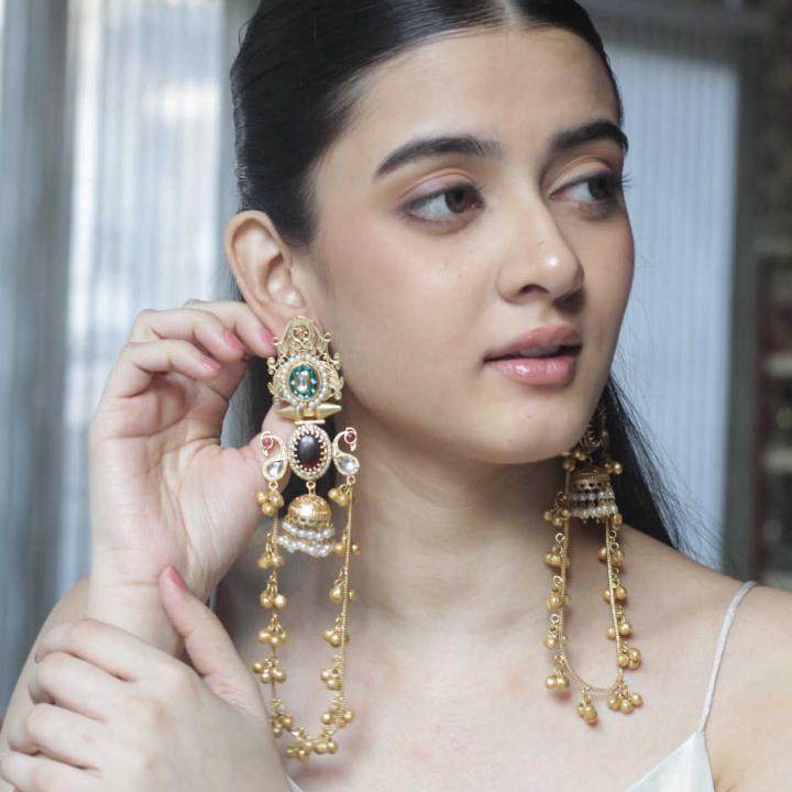 Gold-Plated Kundan Long Drop Earrings with Pearls