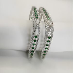 Emerald Stone Silver-Tone Geometric Kada Bangles