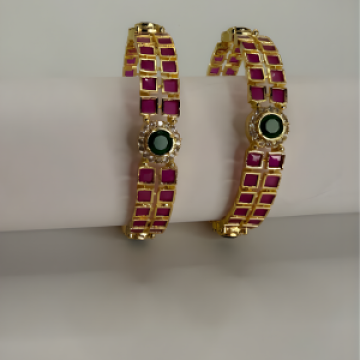 Ruby Emerald Grid-Design Gold Bangles