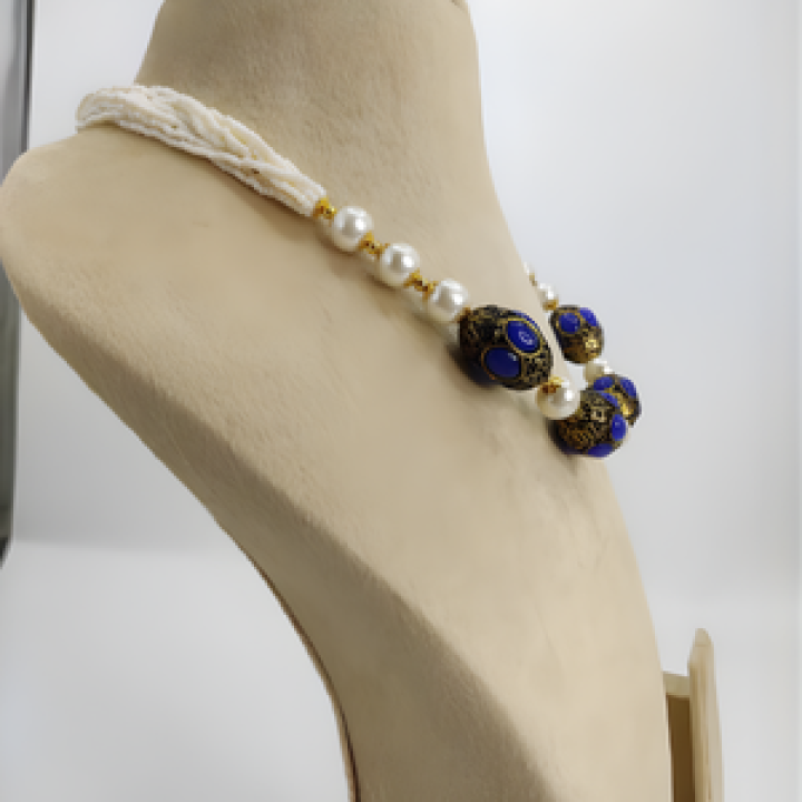 Royal Blue Enamel Pearl Bead Necklace