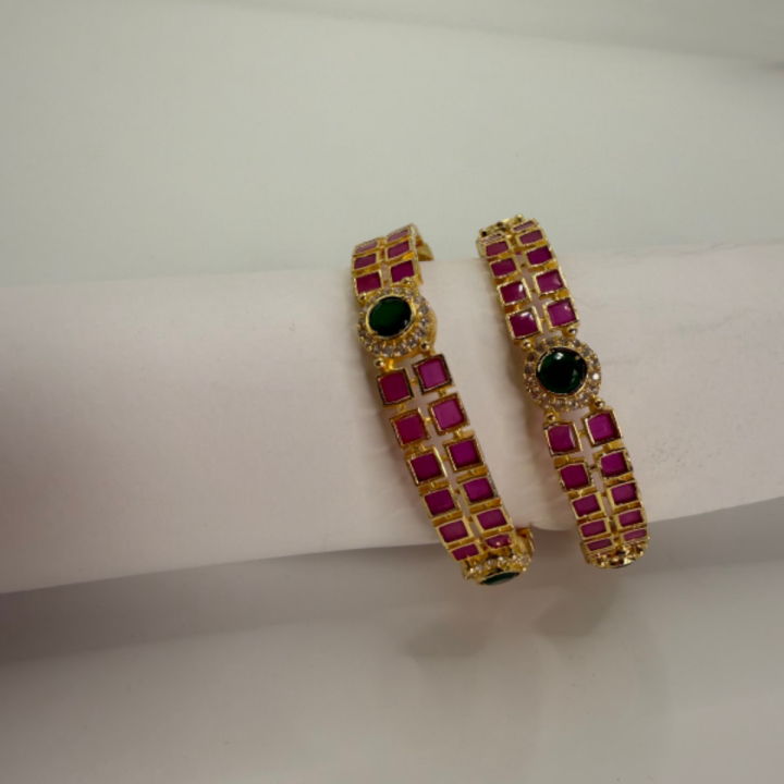 Ruby Emerald Grid-Design Gold Bangles